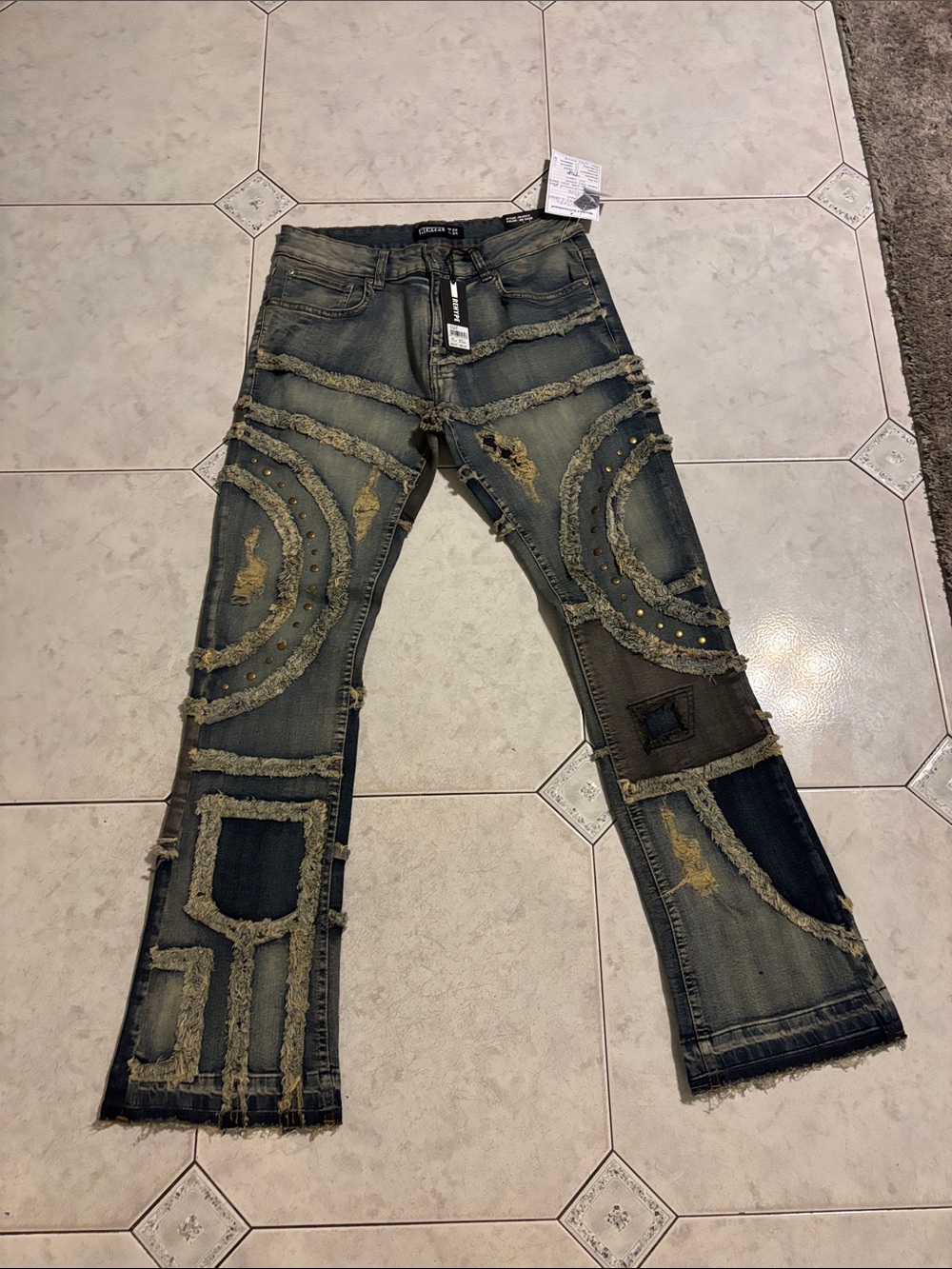 Men's Distressed Patchwork Bootcut Jeans - Dark Blue